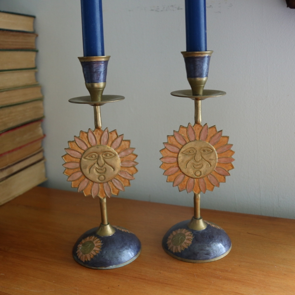 Vintage celestial sun brass candlestick holders